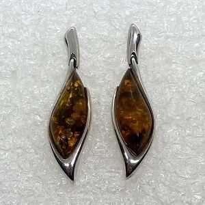 Vtg Sterling & Baltic Amber Modernist Style Dangle Stud Earrings 925 Kiev / 1.4”